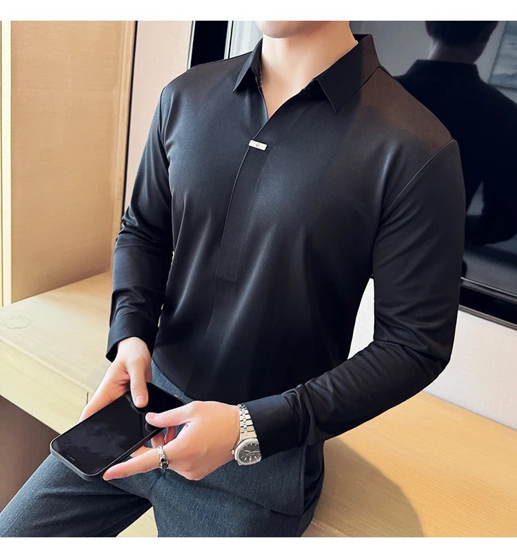 Men’s High Elastic V-neck POLO Shirt – Non-marking Seamless Long Sleeve T-shirt
