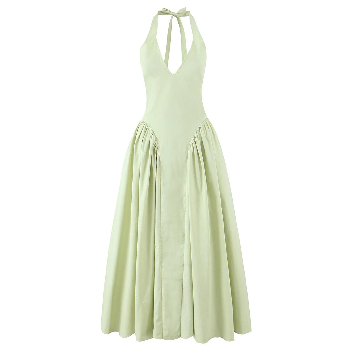 The "Aura Cotton" Midi: A Daring Backless Halter with a Seductive Low-Waist A-Line Flare
