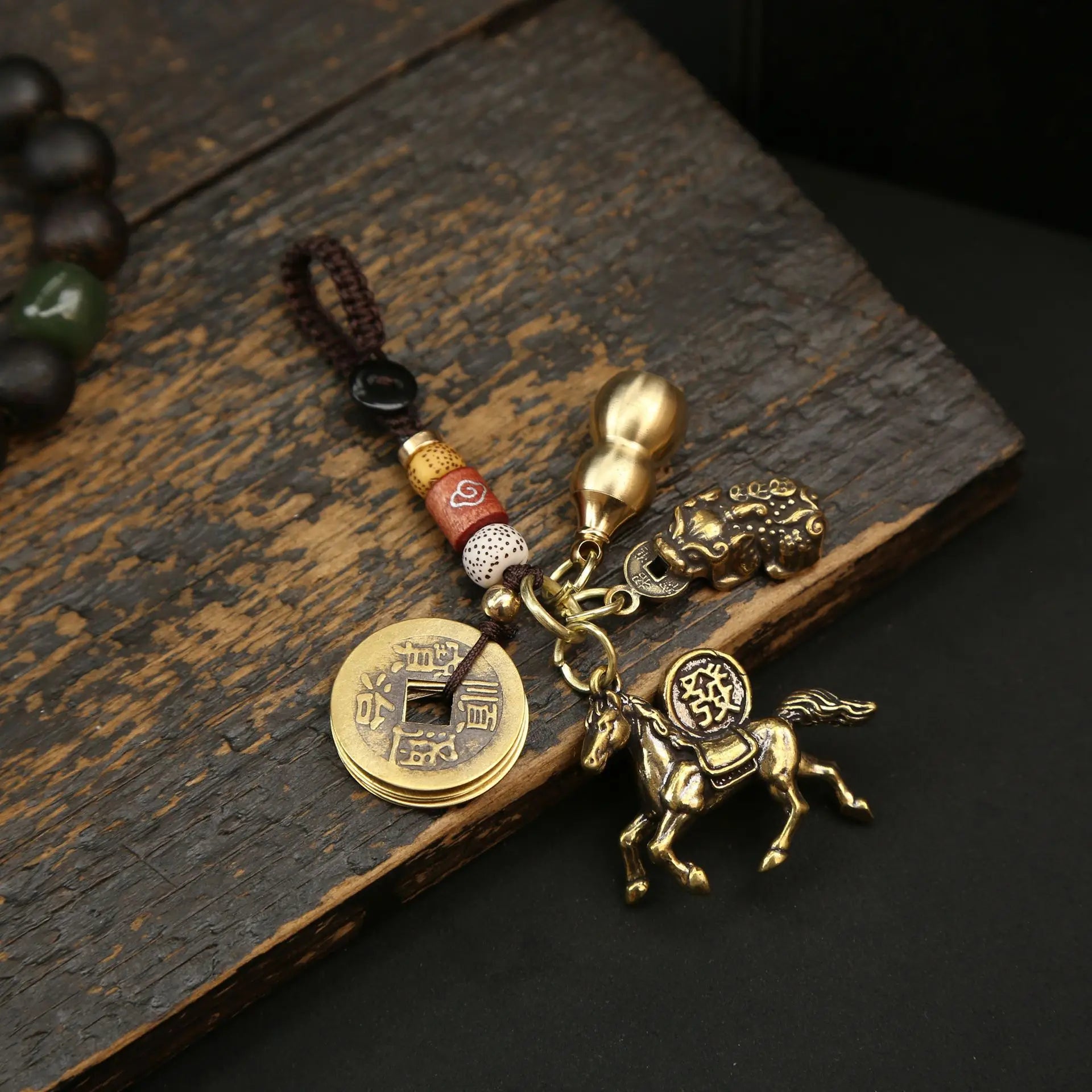 Vintage Horse Good Luck Keychain with Red Silk Knot | Wealth & Prosperity Pendant for Bags