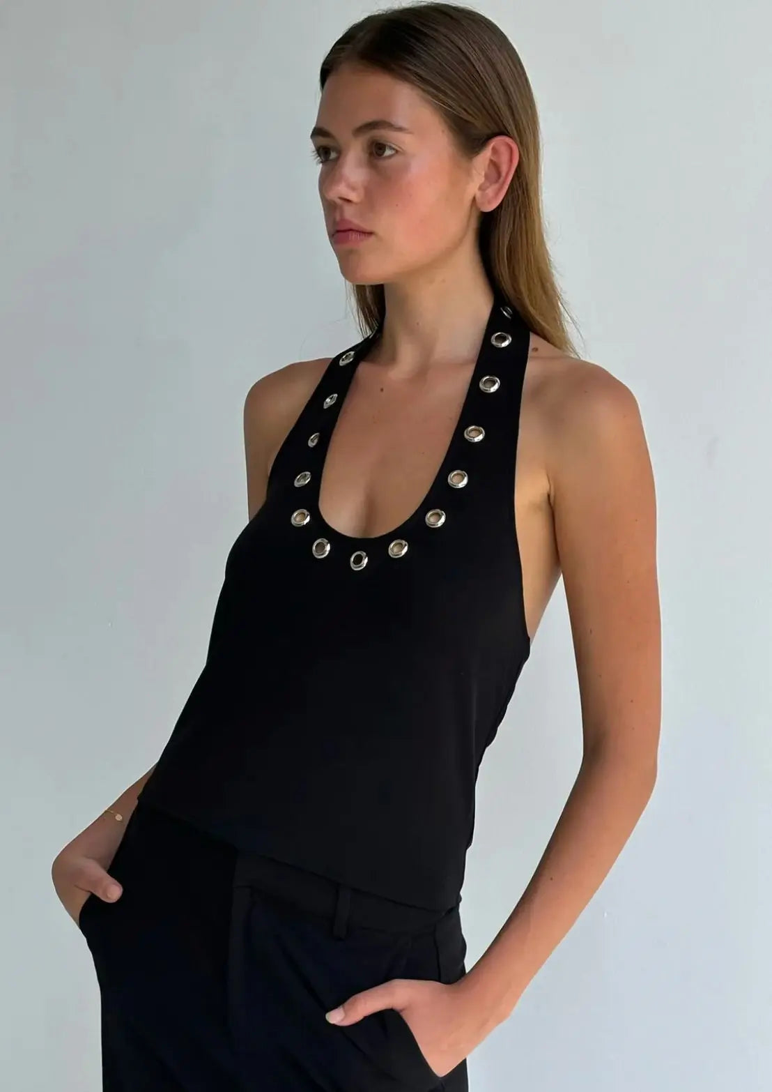 Damen-Metall-Hohl-Neckholder-Weste – Sexy Plunge Bodycon Camisole-Top