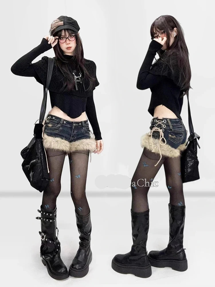 Gyaru Y2K Low-Rise Denim Shorts | Schmetterlingsnieten & ausgehöhlte Schnür-Jeans-Shorts