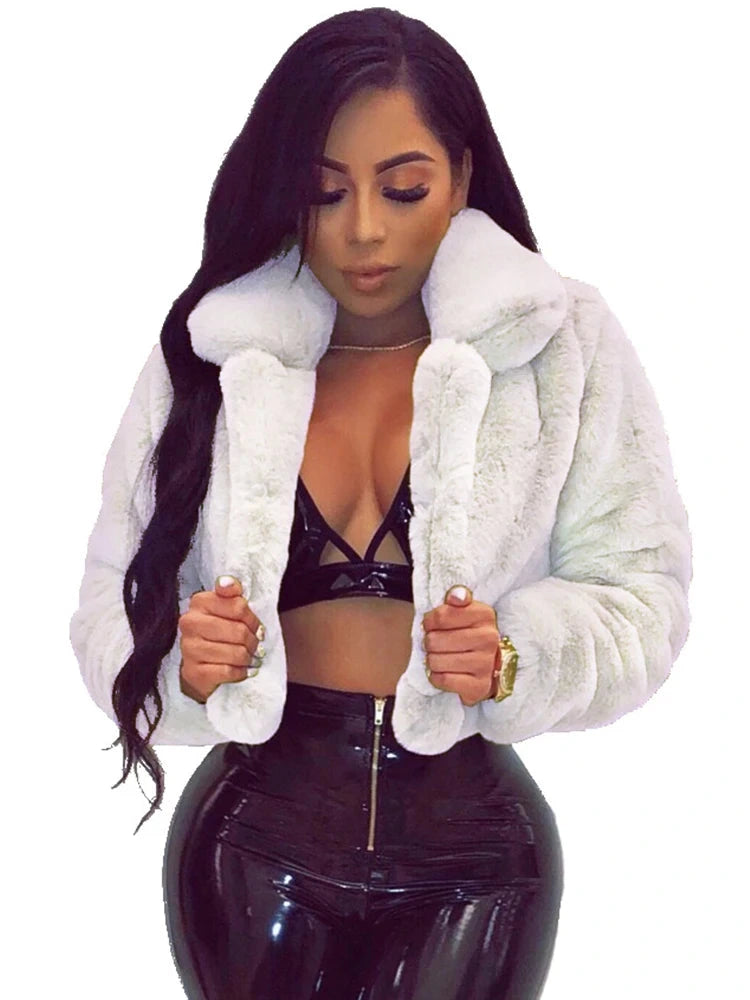 Women's Faux Fur Crop Jacket – Elegant Open Front Lapel Shaggy Fluffy Short Jacket