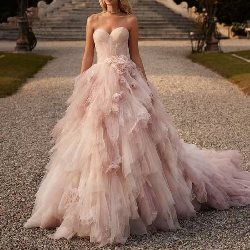 Pink Fluffy Mesh Evening Dress | 3D Flower Decoration Prom Gown