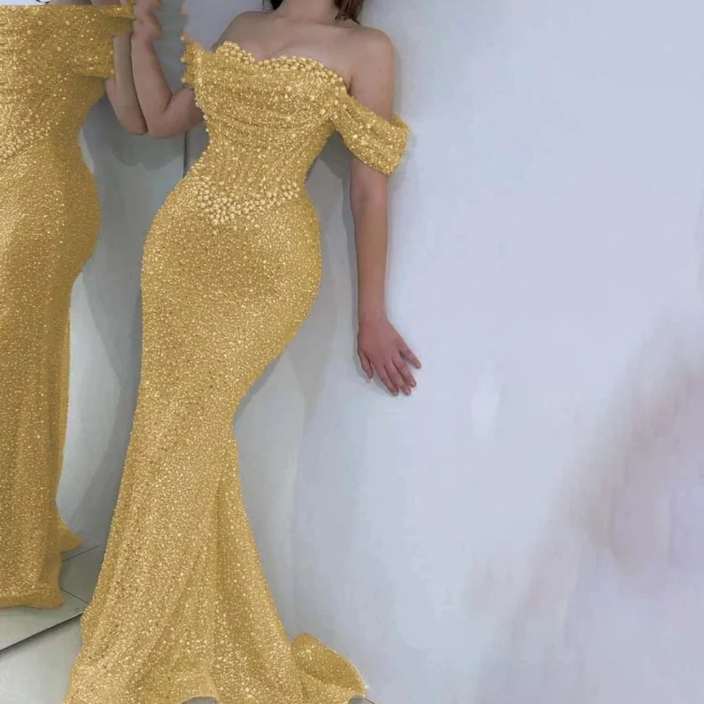 Pearl Sweetheart Prom Dress | Off-The-Shoulder Hollow Fishbone Gown