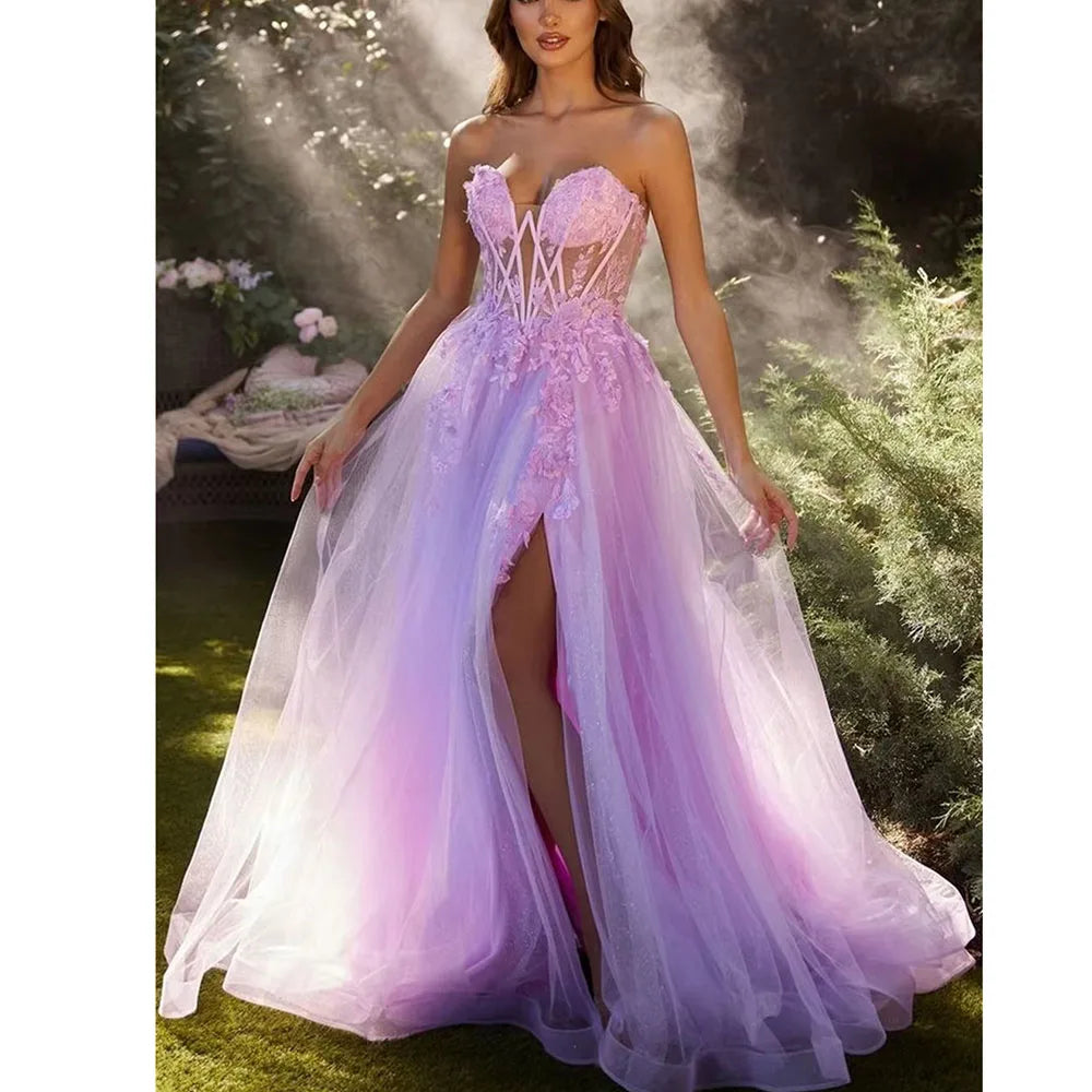 Grace Line A Mesh Appliqué Evening Dress | Sharon Happy Prom Gown