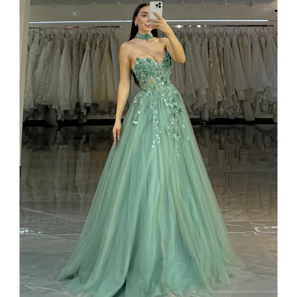 Grünes Partykleid in Bonbonfarbe | Elegantes Ballkleid mit langen Ärmeln