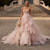Pink Fluffy Mesh Evening Dress | 3D Flower Decoration Prom Gown