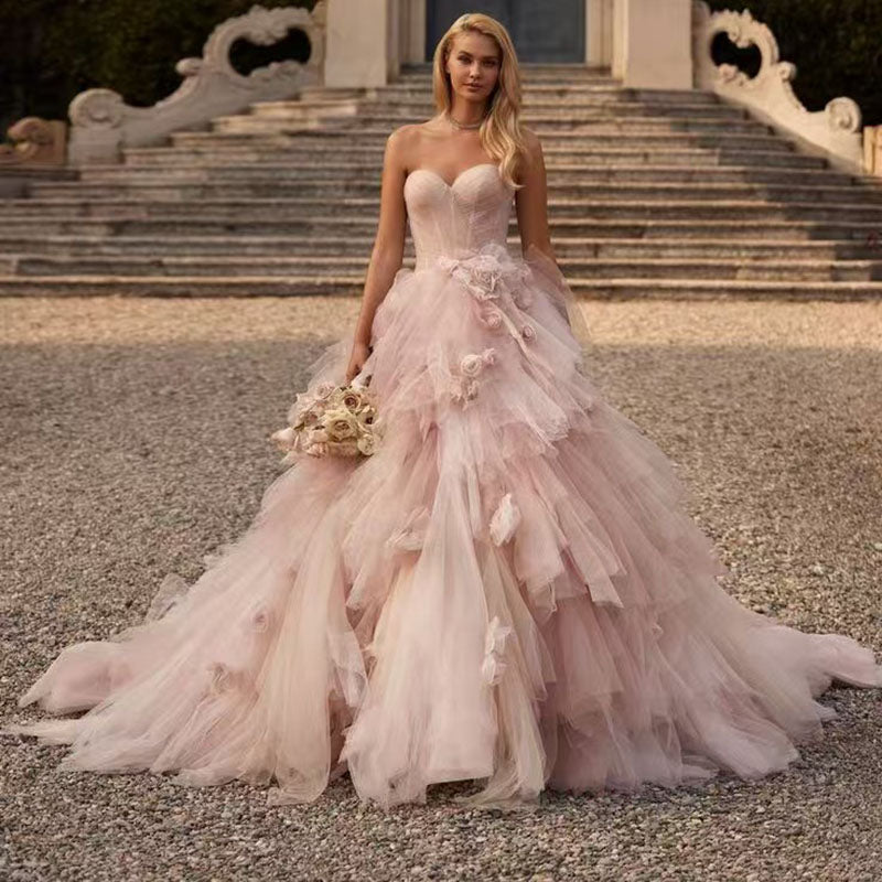 Pink Fluffy Mesh Evening Dress | 3D Flower Decoration Prom Gown