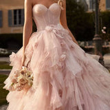 Pink Fluffy Mesh Evening Dress | 3D Flower Decoration Prom Gown
