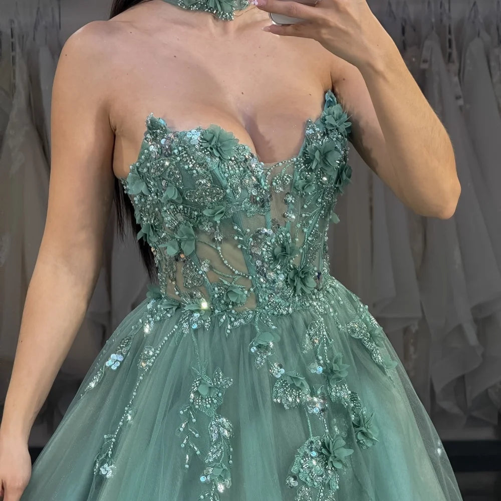Grünes Partykleid in Bonbonfarbe | Elegantes Ballkleid mit langen Ärmeln