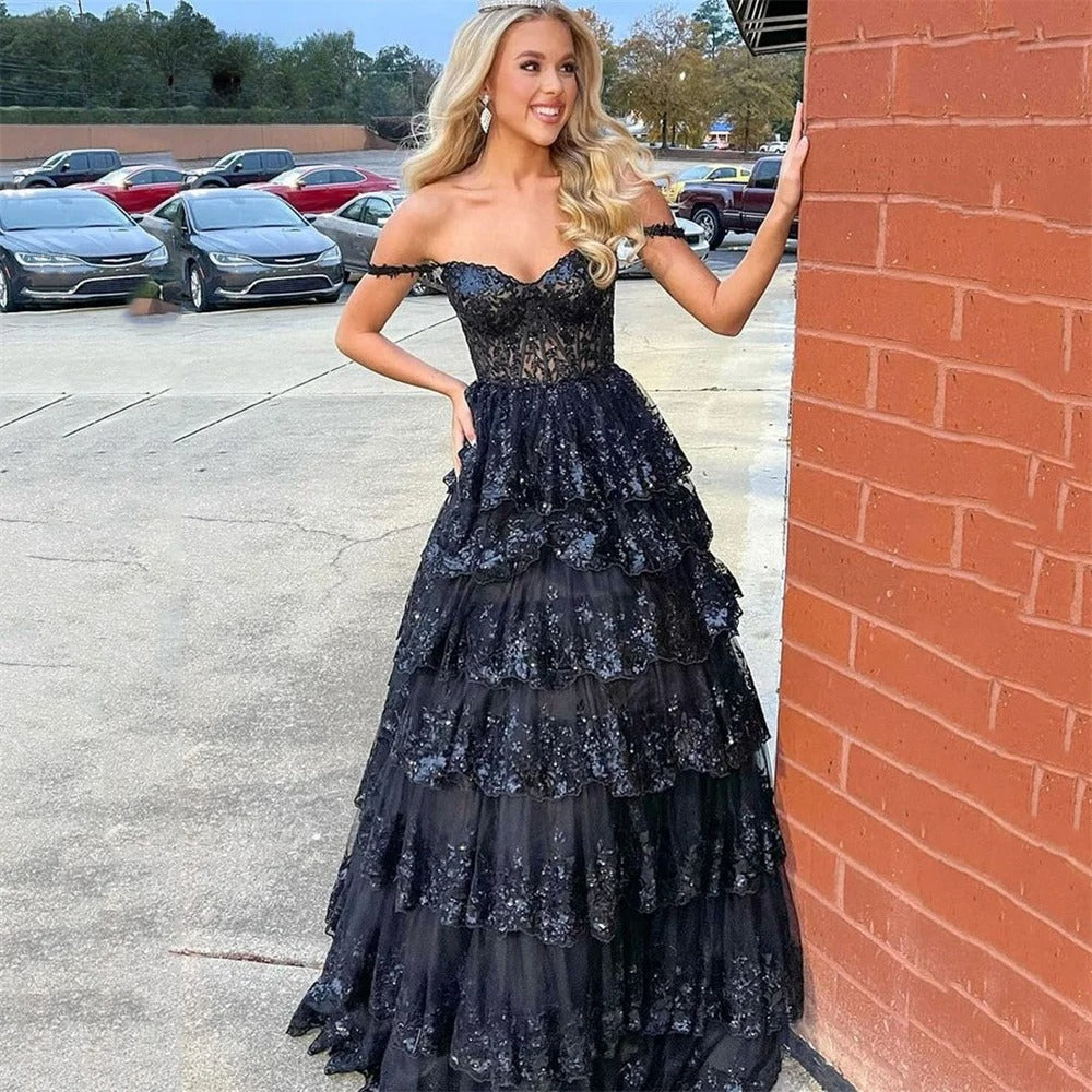 Puffy Off-Shoulder Evening Dress | Layered Tulle Sweetheart Prom Gown