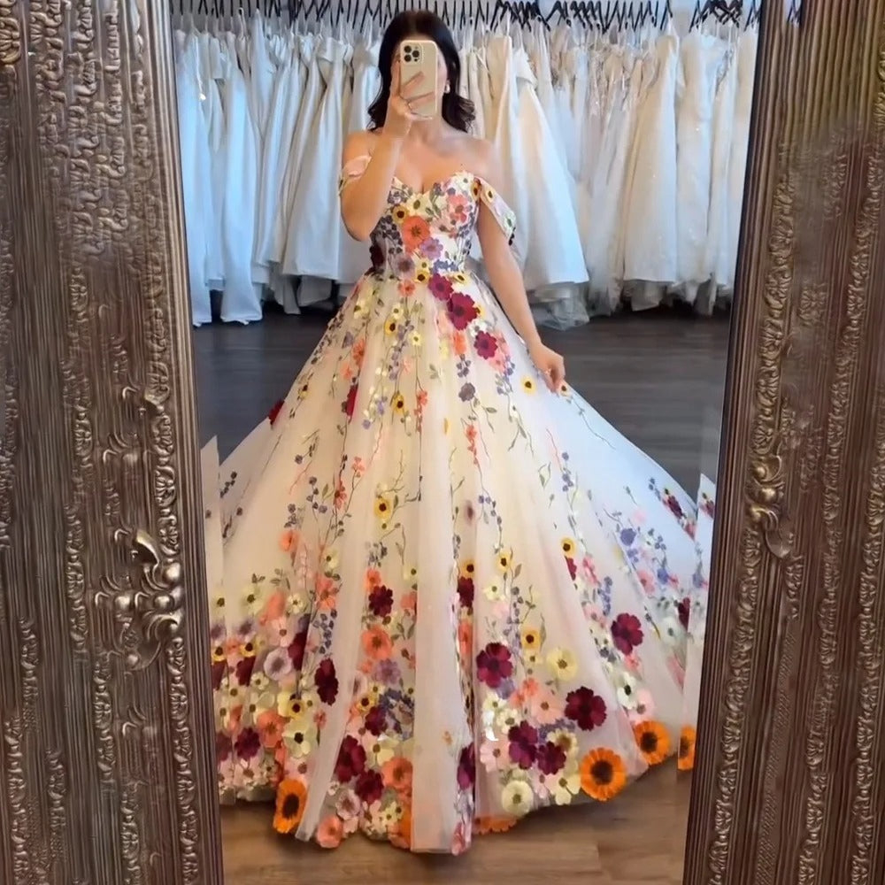 White A-Line Floral Prom Gown | Off-Shoulder Sweetheart Gala Dress