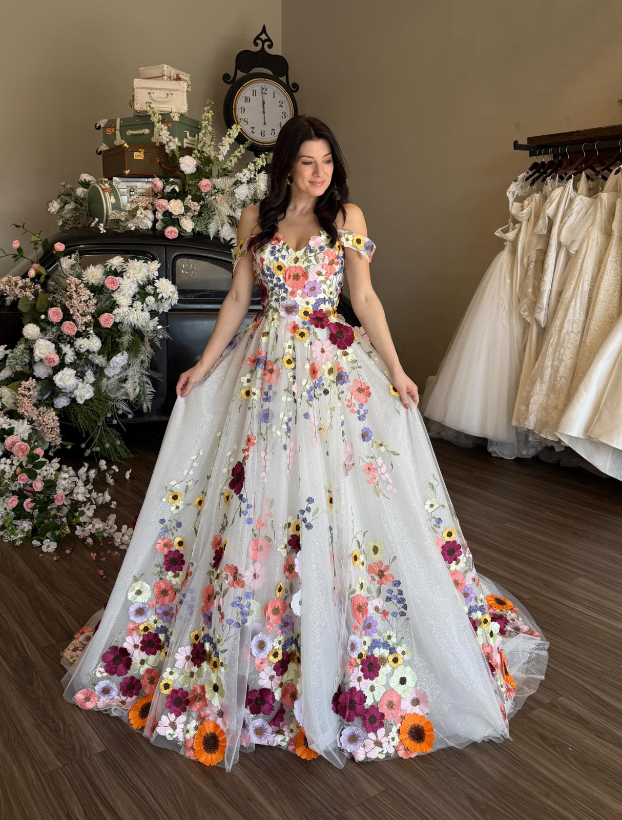 White A-Line Floral Prom Gown | Off-Shoulder Sweetheart Gala Dress