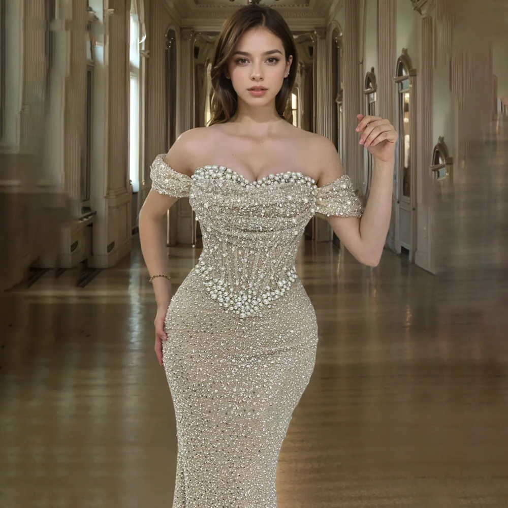 Pearl Sweetheart Prom Dress | Off-The-Shoulder Hollow Fishbone Gown