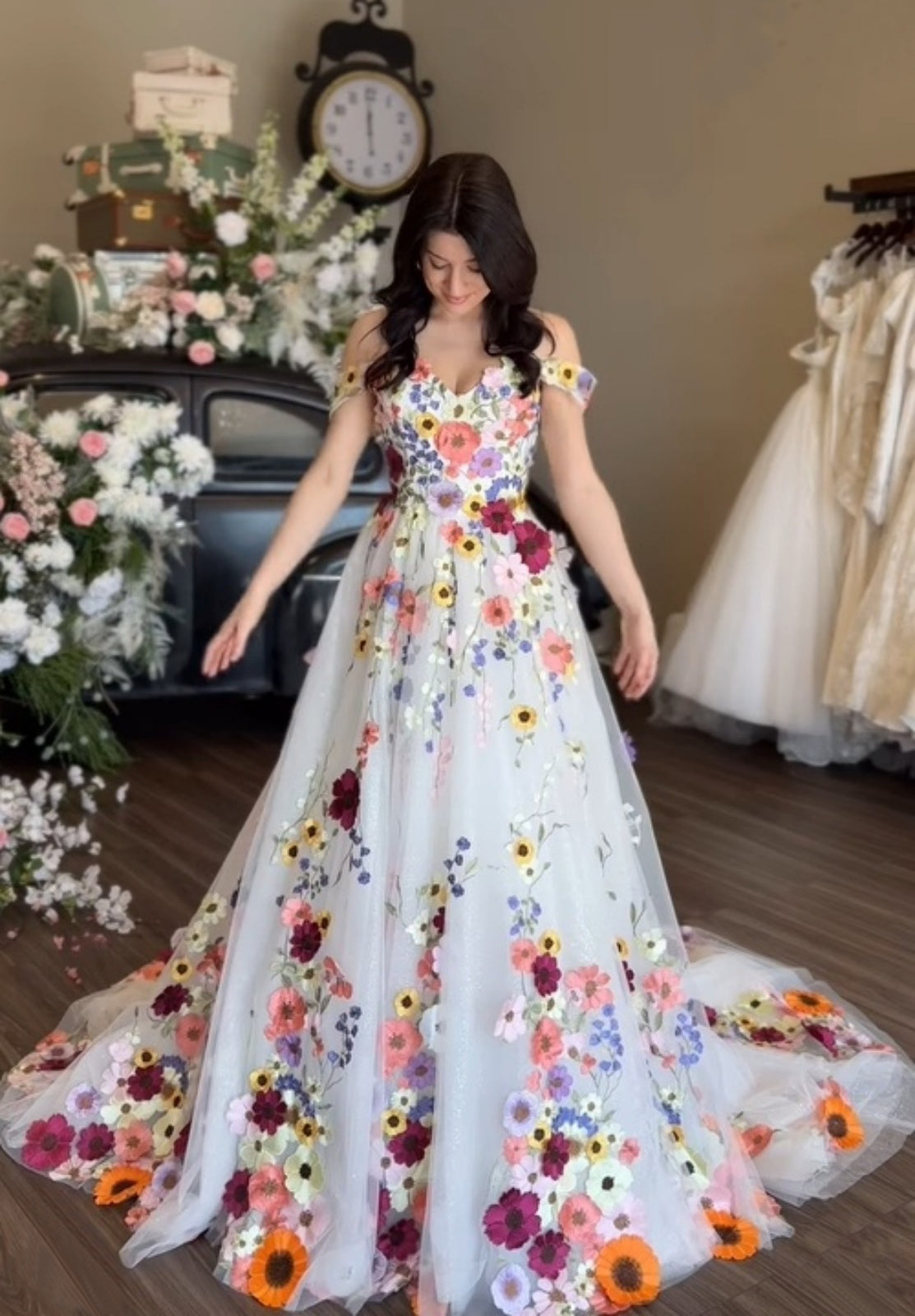 White A-Line Floral Prom Gown | Off-Shoulder Sweetheart Gala Dress