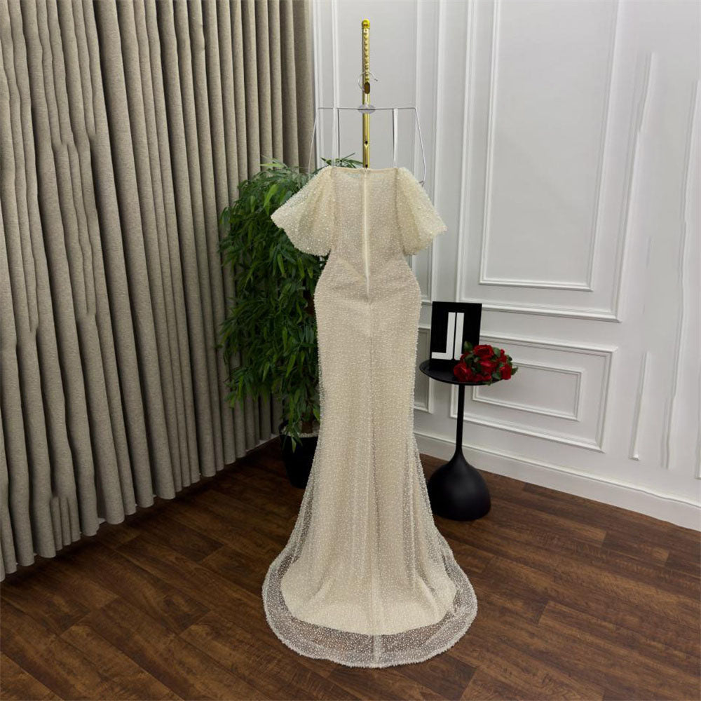 Pearl Sweetheart Prom Dress | Off-The-Shoulder Hollow Fishbone Gown