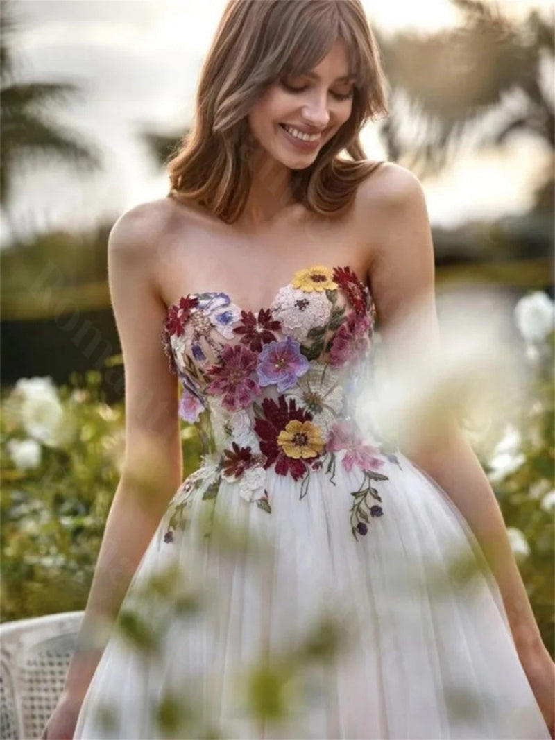White Floral Top Prom Dress | Luxury Flower Fabric Wedding Party Gown