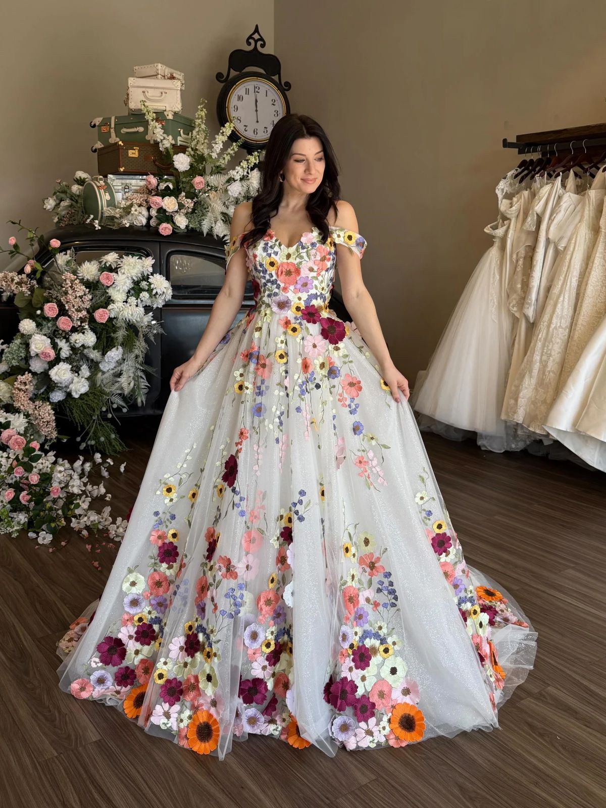 White A-Line Floral Prom Gown | Off-Shoulder Sweetheart Gala Dress