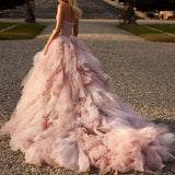 Pink Fluffy Mesh Evening Dress | 3D Flower Decoration Prom Gown