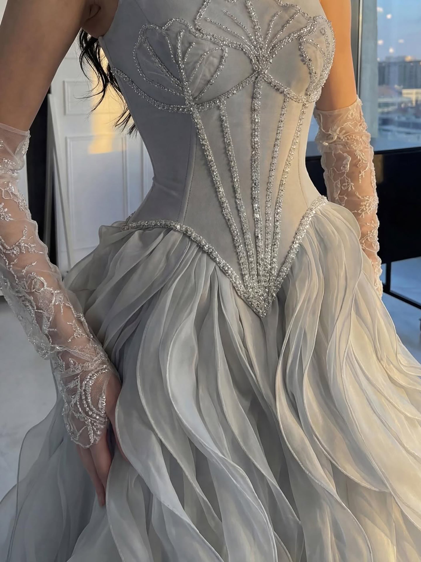 Luxuriöses gerafftes A-Linien-Ballkleid | Perlenbesetztes Sweetheart-Abendkleid