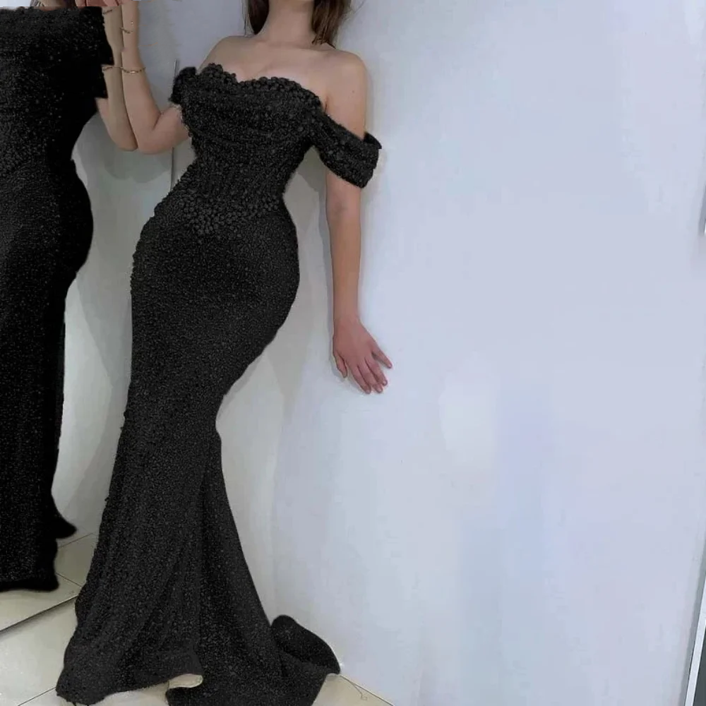 Pearl Sweetheart Prom Dress | Off-The-Shoulder Hollow Fishbone Gown