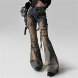 Women’s Low-Waist Cargo Flare Jeans | Y2K Vintage Distressed Belted Bootcut Pants