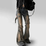 Women’s Low-Waist Cargo Flare Jeans | Y2K Vintage Distressed Belted Bootcut Pants