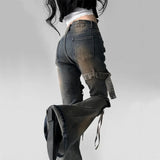 Women’s Low-Waist Cargo Flare Jeans | Y2K Vintage Distressed Belted Bootcut Pants