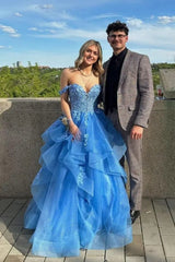 Glitzer-Spitzenstickerei-Ballkleid | Blaues Tüll-Rüschen-Abendkleid