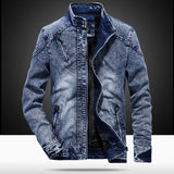 Men's Vintage Denim Bomber Jacket – Solid Casual Jeans Coat with Stand Collar