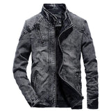Men's Vintage Denim Bomber Jacket – Solid Casual Jeans Coat with Stand Collar