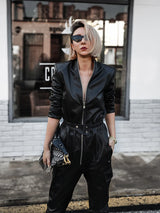 Luxuriöser schwarzer Cargo-Overall aus Kunstleder für Damen mit langen Ärmeln, Reißverschluss, Designer-Kleidung
