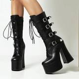Women’s Patent Leather 15cm High Square Heel Chunky Platform Boots