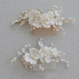 The "Ethereal Meadow" Bridal Comb Hand-Wired Freshwater Pearls & Ceramic Blooms