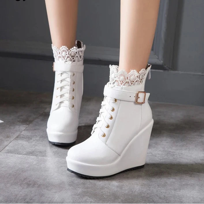 Women’s Lace Overlay Wedge Platform Ankle Boots