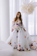Floral Embroidery Puff Sleeve Prom Dress | Tulle Bridal & Party Gown