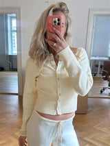 Casual Knit Cardigan Top for Women – Long Sleeve Ribbed Patchwork Slim Blouse