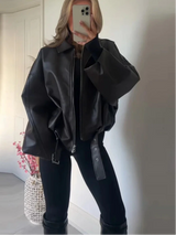 Women’s Lace-Up Faux Leather Jacket – Loose Fit Turn-Down Collar Moto Coat