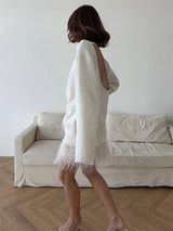 Damen rückenfreier, locker gestrickter Pullover – Lässiger, eleganter Langarm-Patchwork-Pullover