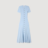 Elegantes Strick-Midikleid für Damen – Kurzarm, geknöpft, gerippt, figurbetont, A-Linie, Business-Kleidung