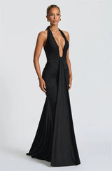 Sexy tief ausgeschnittenes, drapiertes Maxikleid mit V-Ausschnitt – Sommerliches Neckholder-Kleid für Damen, rückenfrei, lang