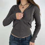 Grunge 2000er Ripp-Kapuzenpullover mit Reißverschluss | Y2K Vintage Kapuzen-Sweatshirt für Damen