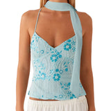 Damen Y2K Pailletten Neckholder Crop Top – Perlenbesticktes Glitzer-Cami