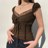Damen Braunes Spitzen-Croptop Y2K Schleifen-Quadratkragen Sommer Kurzarm-Top
