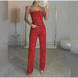 Women’s Sexy Shiny Sequined 2-Piece Set – Strapless Bandeau Crop Top & High Waist Skinny Trousers
