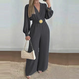 Eleganter V-Ausschnitt Jumpsuit mit weitem Bein, langen Ärmeln, Gürtel und Schnürung, für den Alltag