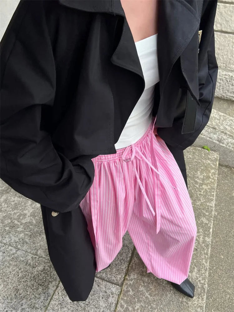 Gestreifte Schnürhosen für Damen – Locker geschnittene Patchwork Streetwear-Hose