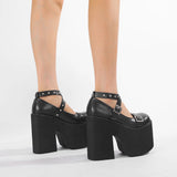 Women’s Gothic Black Rivet Buckle Platform Chunky Stiletto Pumps