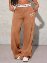Women's Wide Leg Casual Loose Fit Webbing Detail Love Heart Printed Trousers
