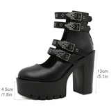 Women's Goth Platform Block Heels: Buckle Strap Mary Jane Pumps with Back Zipper